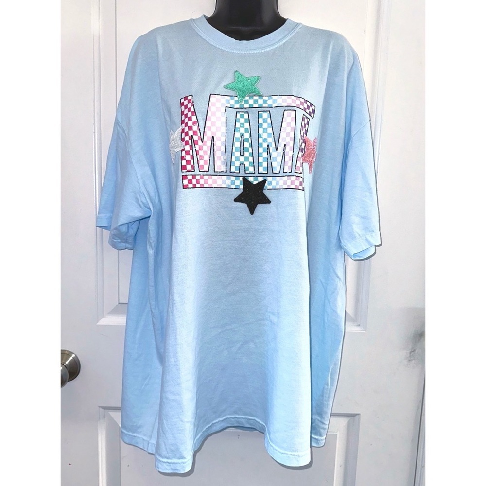 Comfort Colors light blue “MAMA” tee with sequin star patches